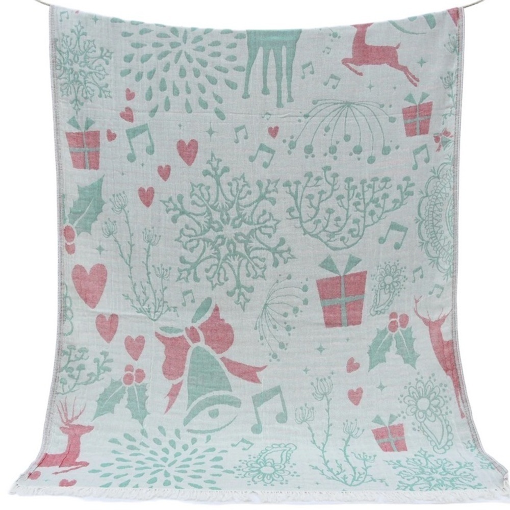 Christmas Bells Music + Woodland Reversible 2 Sides Organic Cotton Weave Throw - Picture 15 of 16